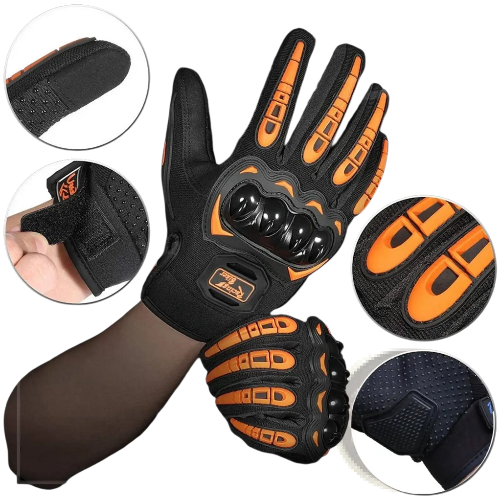 Black and orange motorcycle racing gloves with breathable fabric, reinforced knuckle protection, and textured grip panels shown from the back side