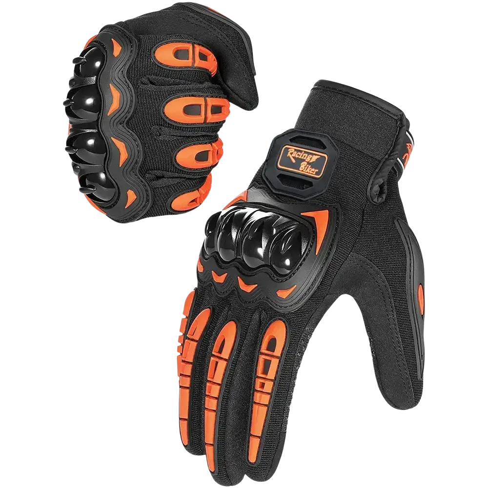 Black and orange breathable motorcycle racing gloves with reinforced knuckle guards showing back side