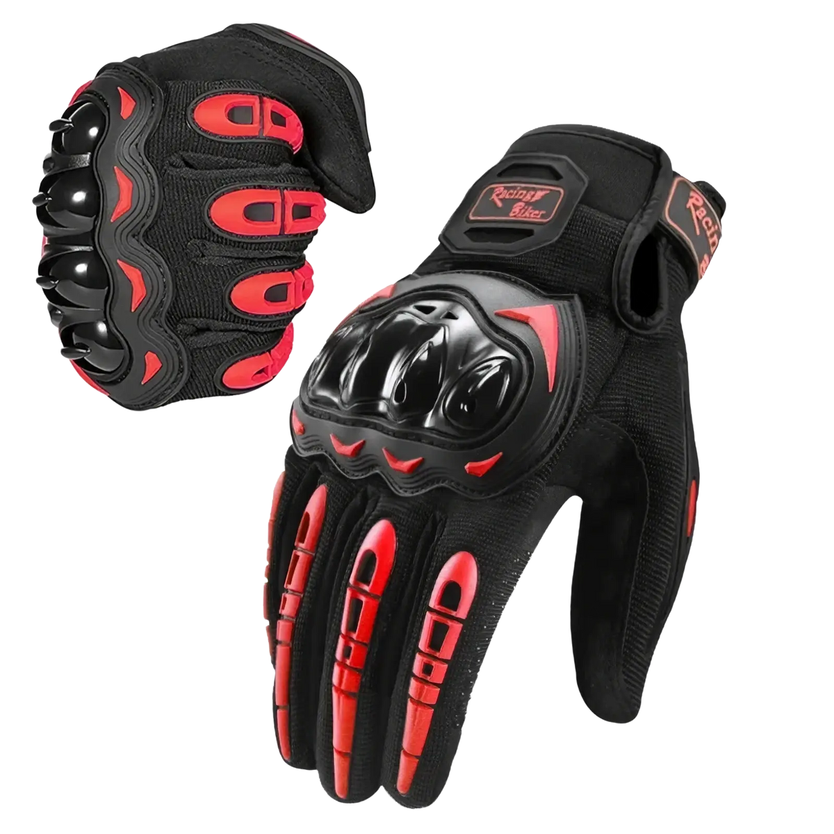Black and red breathable motorcycle racing gloves with reinforced knuckle guards and textured grip panels back view