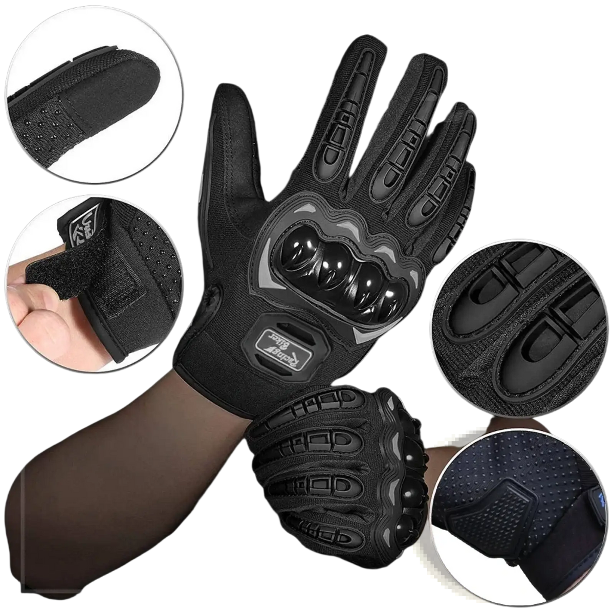 Black tactical motorcycle racing gloves with breathable fabric, reinforced knuckle protection, and textured grip panels back side view