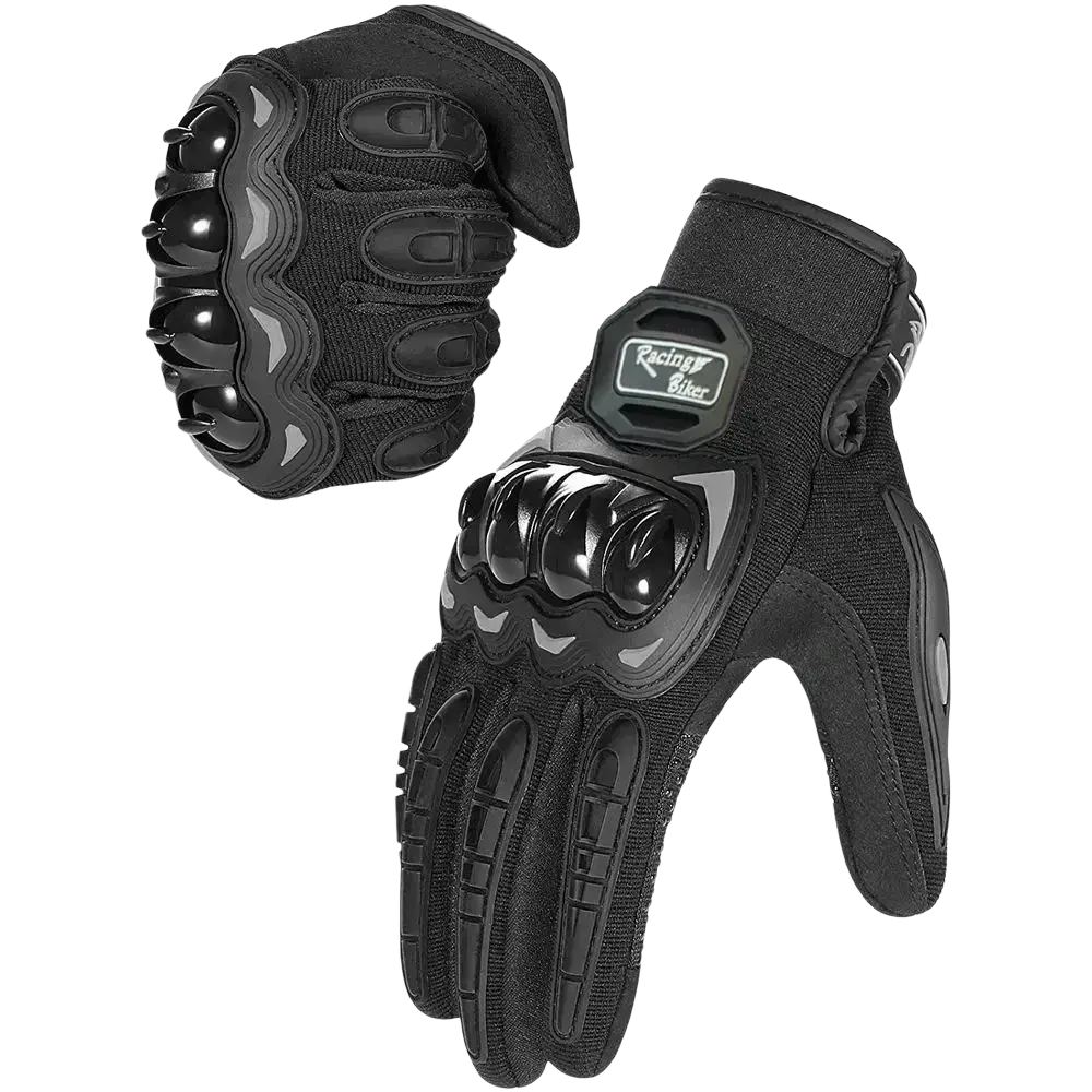 Black breathable motorcycle racing gloves with reinforced padding and racing biker logo patch on the back side