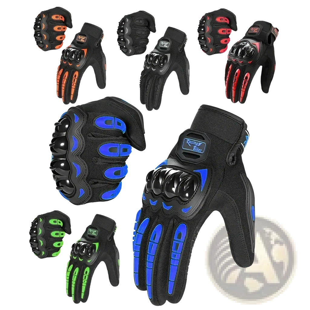 Black motorcycle racing gloves with breathable protective gear, blue accents, reinforced knuckle padding, and racing blue logo patch