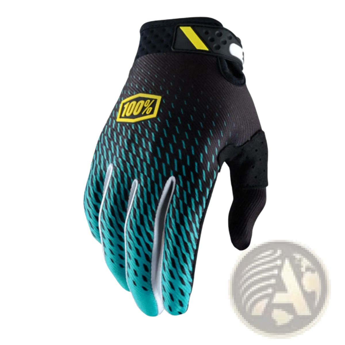 Back side of black and teal gradient motorcycle riding glove with breathable material and yellow 100% logo for motocross gear