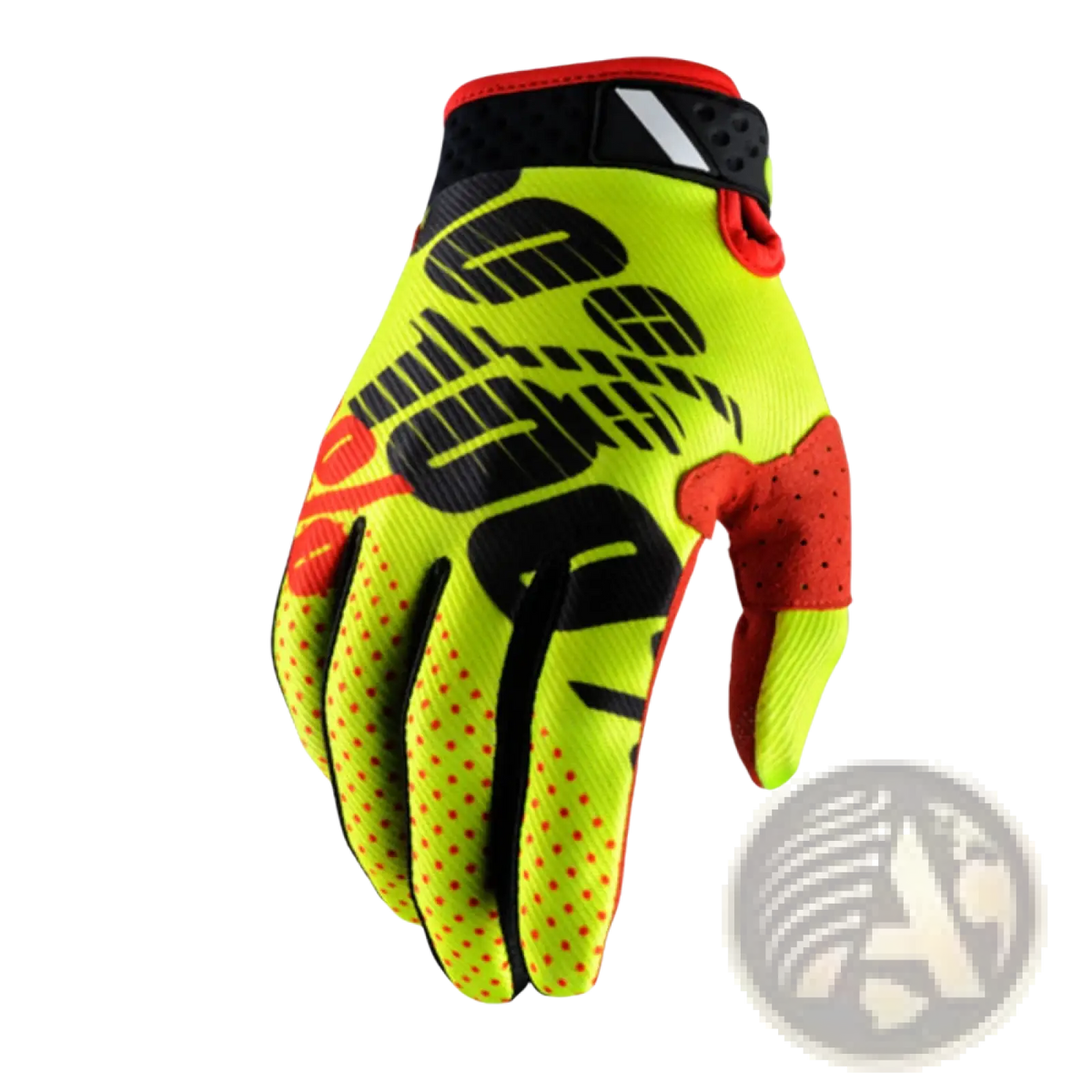 Back side of vibrant neon yellow and black breathable motocross motorcycle riding glove with red accents and 100% logo