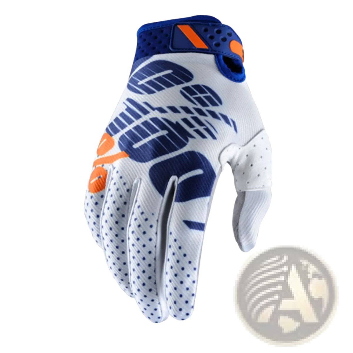 White and blue motocross glove with orange accents breathable mesh design and troy lee designs logo on back side