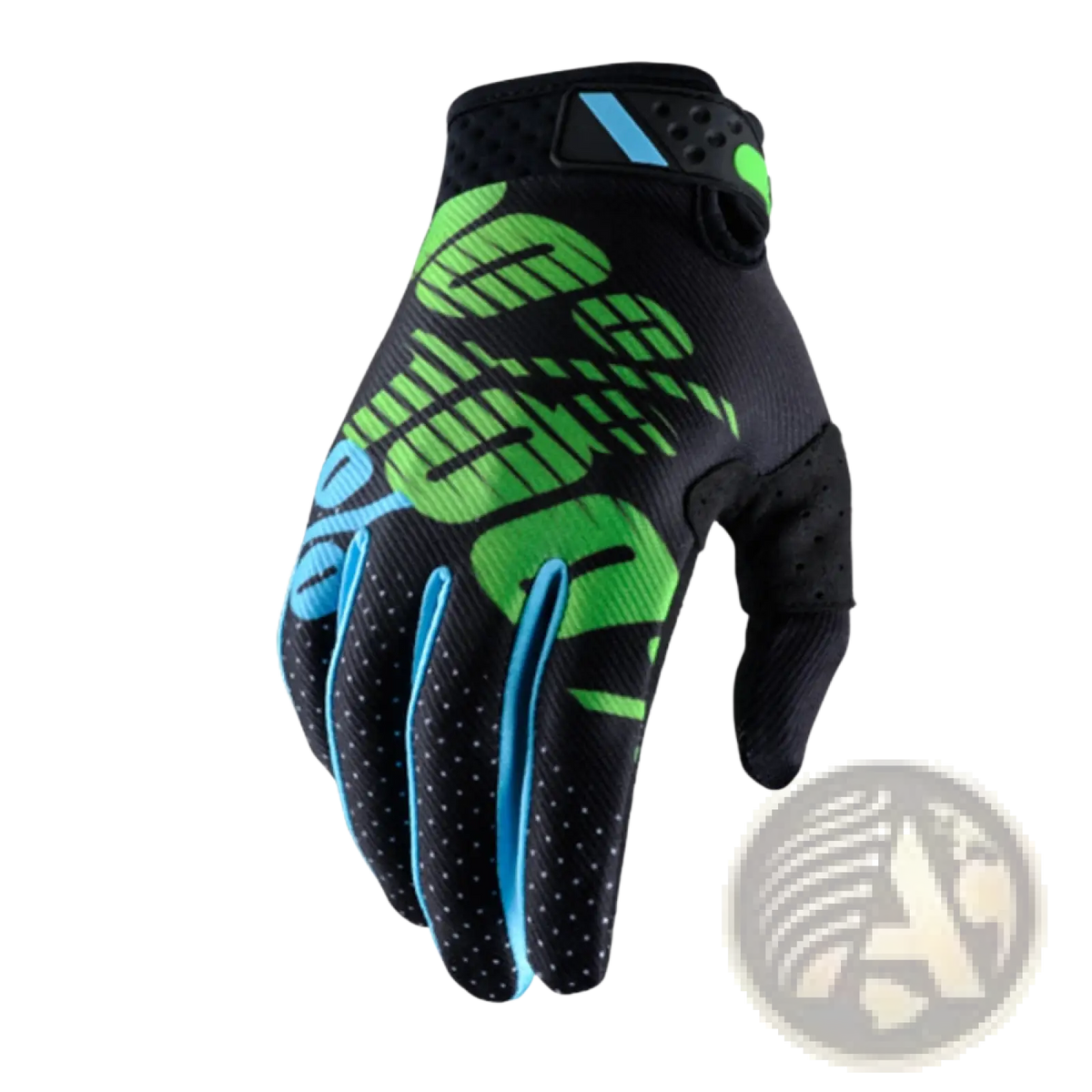 Black motorcycle riding glove with vibrant green and blue letter pattern, breathable perforated material, and motocross design