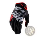 Black and red motorcycle riding glove with white letter pattern and perforated palm for breathable motocross gear back side view