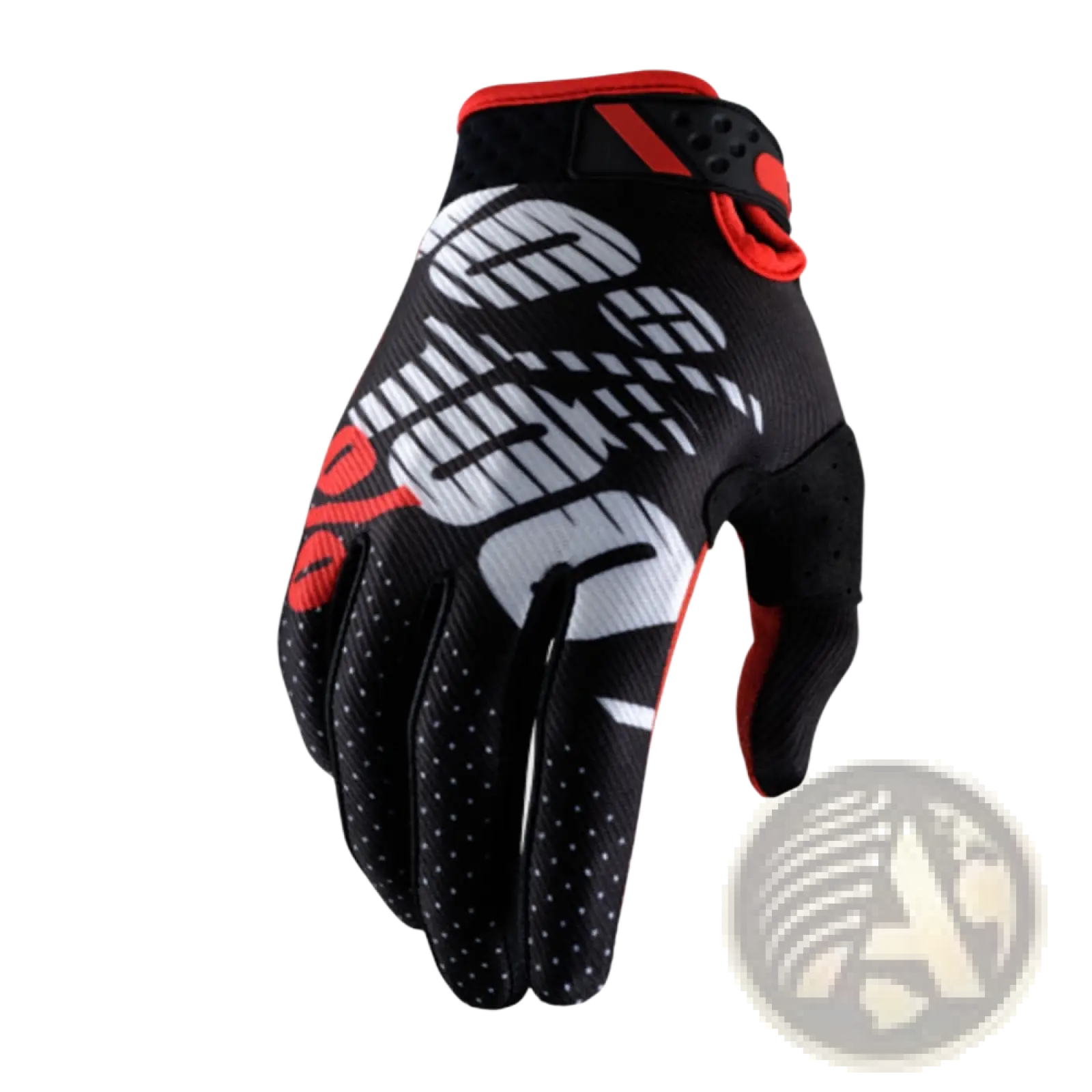 Black and red motorcycle riding glove with white letter pattern and perforated palm for breathable motocross gear back side view
