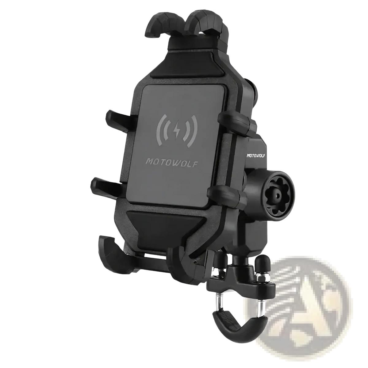 Black Motowolf wireless motorcycle phone mount with rugged multi-clip design and integrated charging pad