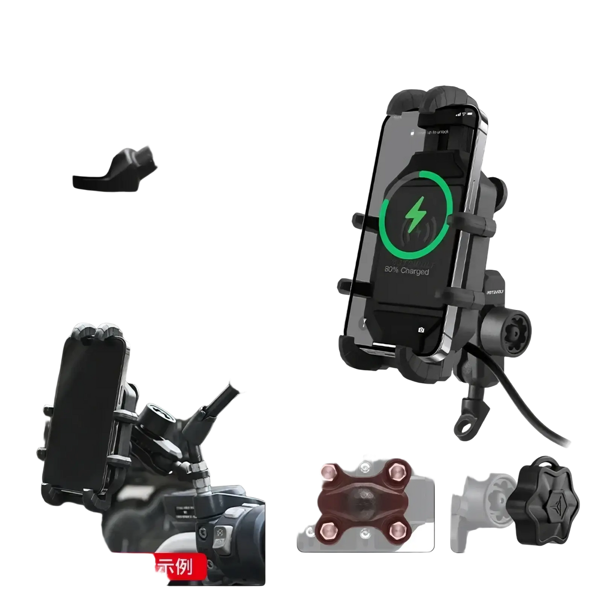 Black motowolf motorcycle wireless charging phone mount with magnetic clamp designed for secure bike use