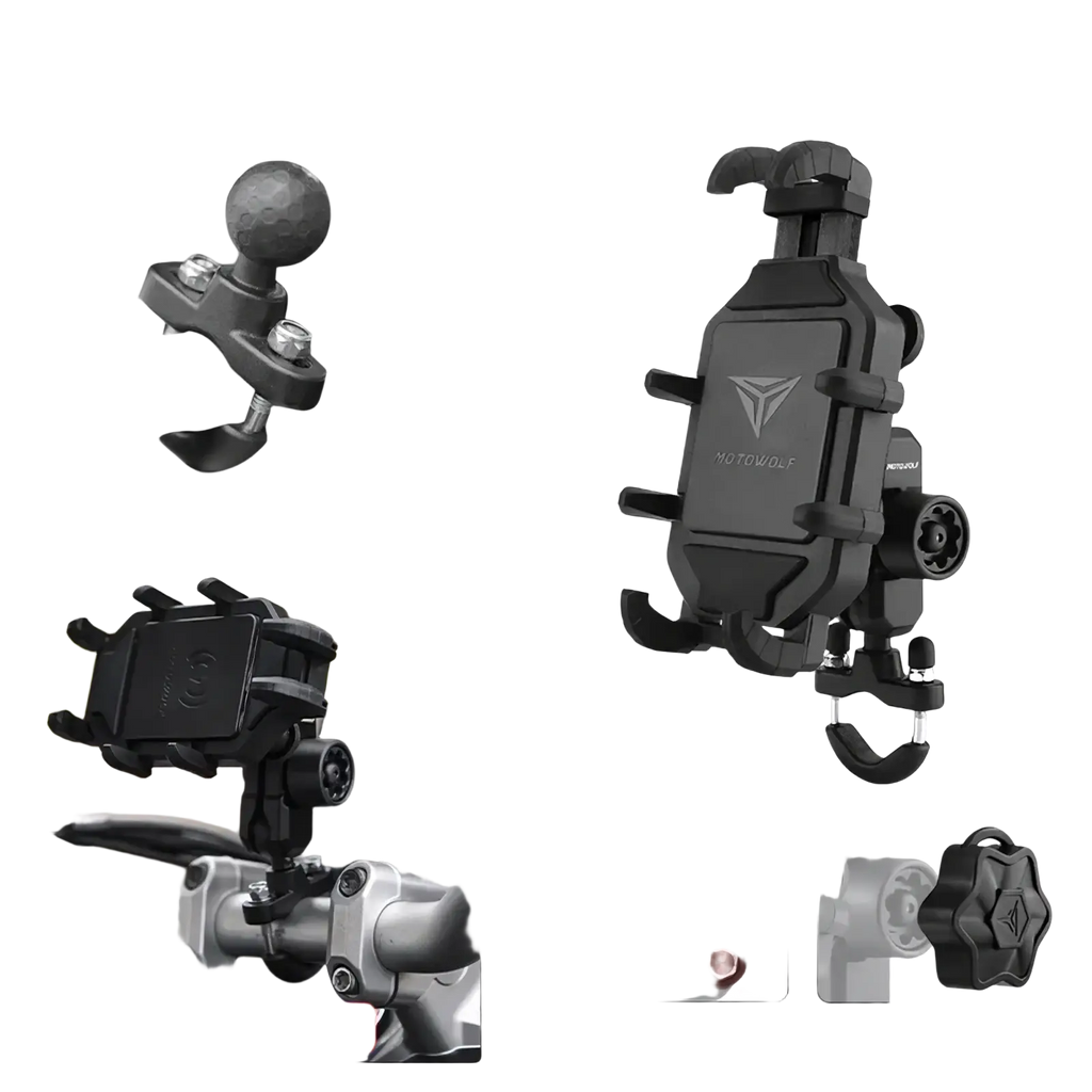 Black motowolf motorcycle wireless charging phone mount with adjustable arms and hook for secure handlebar attachment