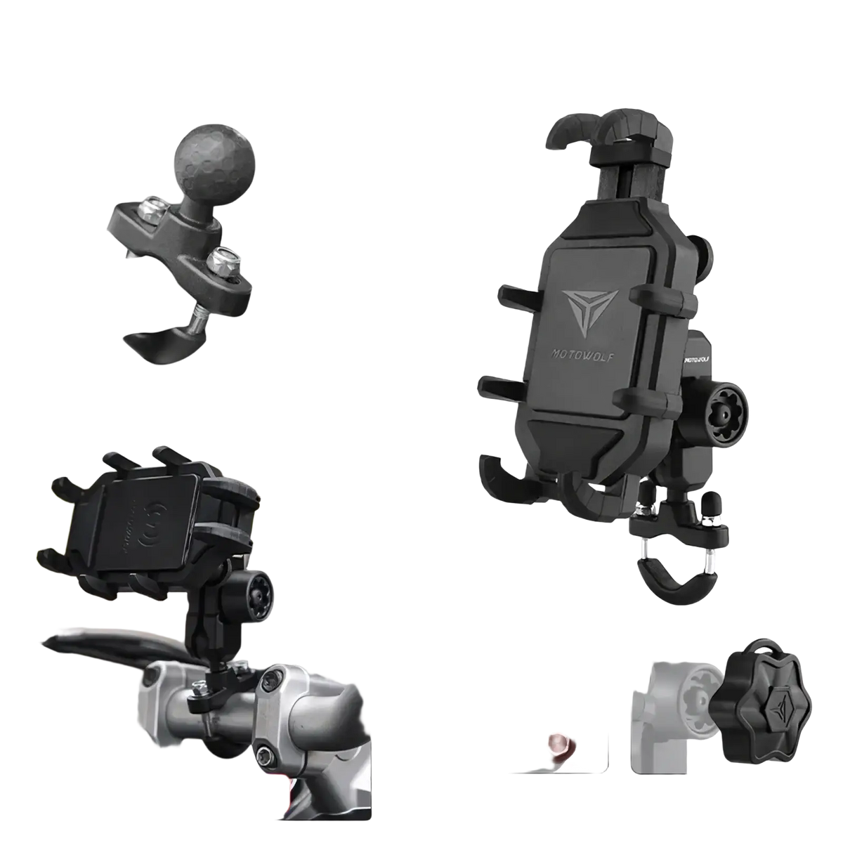 Black motowolf motorcycle wireless charging phone mount with adjustable arms and hook for secure handlebar attachment