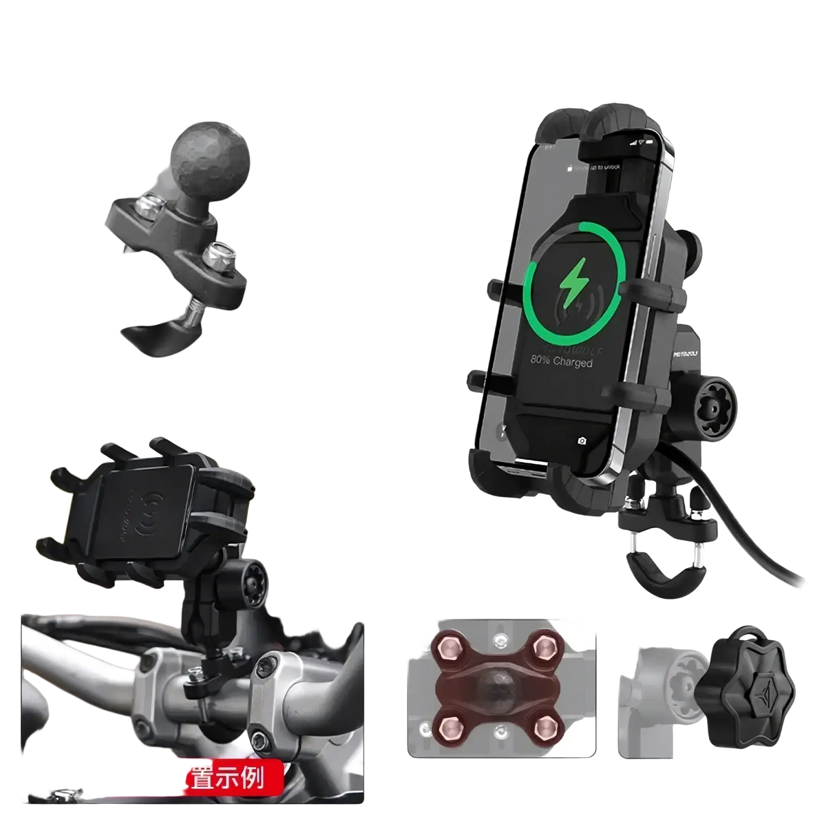 Black motowolf motorcycle wireless charging phone mount with adjustable clamp and charging pad for secure use
