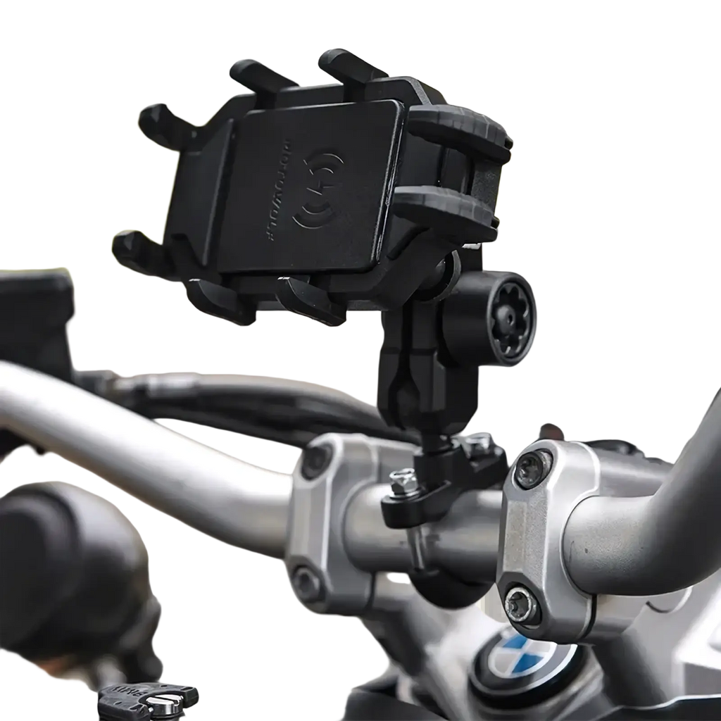 Black plastic motorcycle wireless charging phone mount with adjustable clamps and central mounting bracket visible from back side