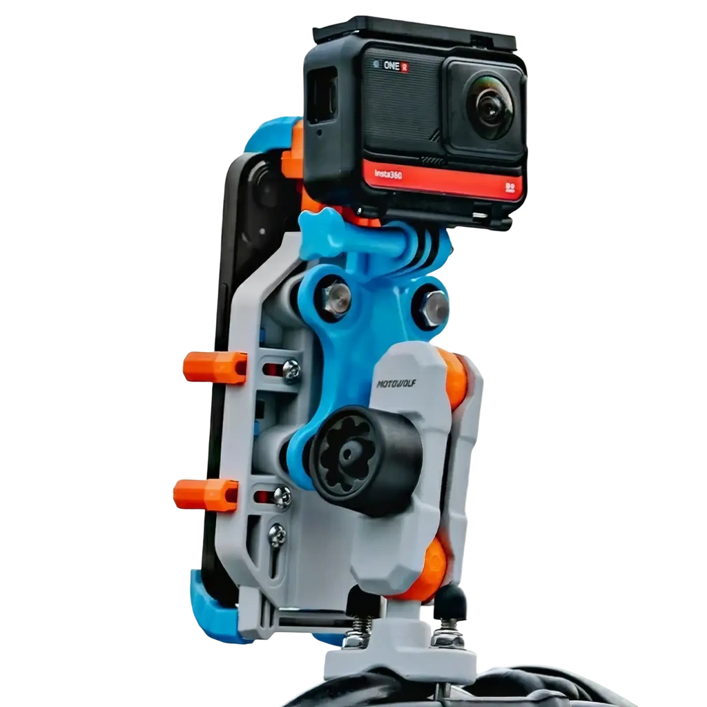 Black and red gopro hero 360 mounted on blue gray and orange motowolf adjustable rig motorcycle wireless charging phone mount