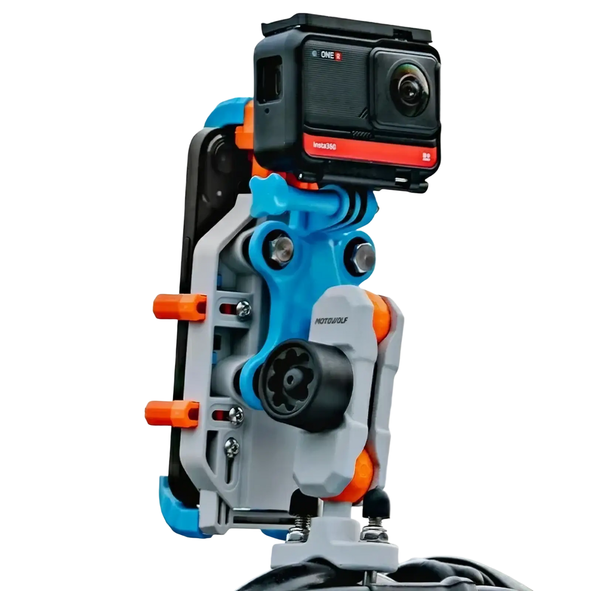 Black and red gopro hero 360 mounted on blue gray and orange motowolf adjustable rig motorcycle wireless charging phone mount