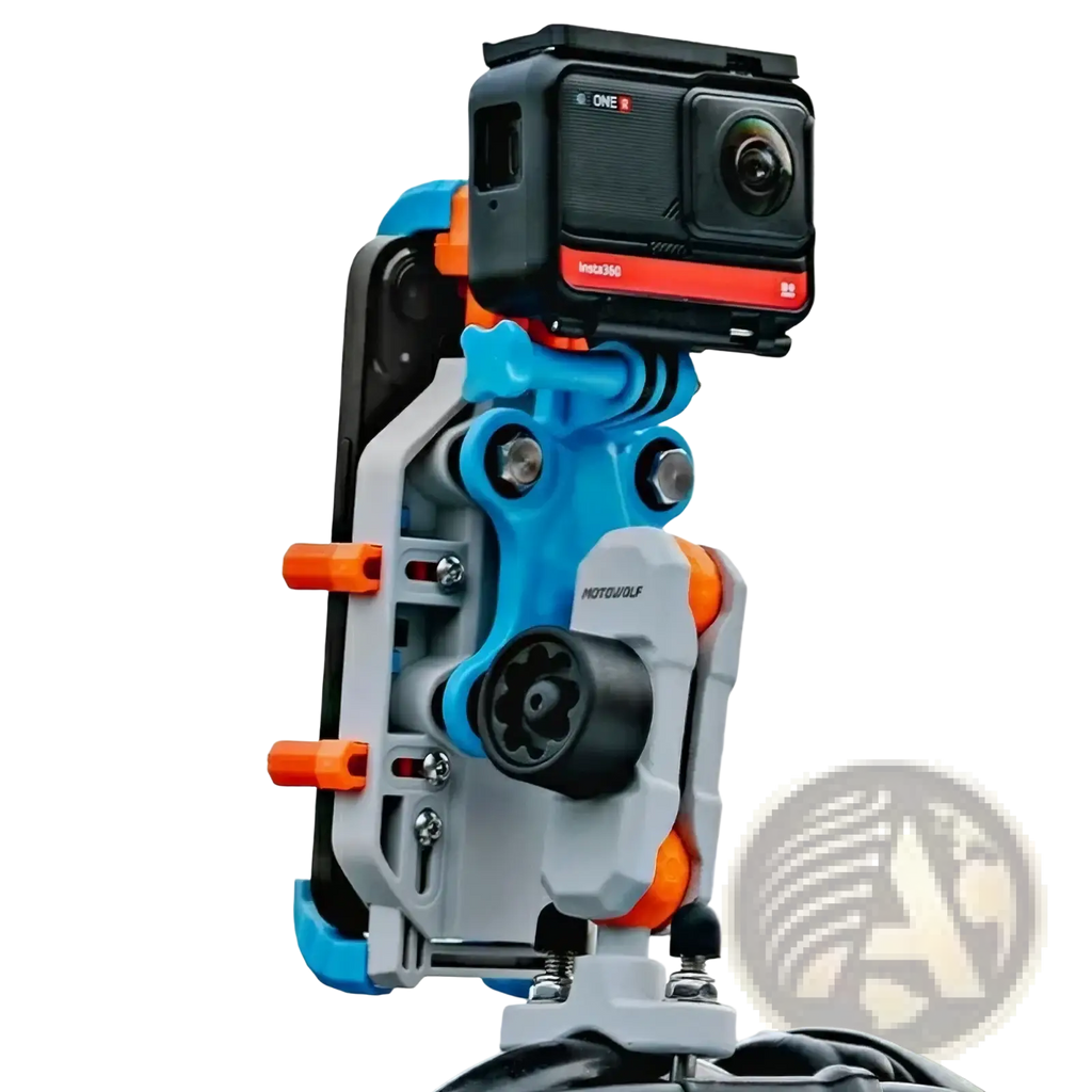 Black and red gopro hero 360 mounted on blue gray and orange motowolf adjustable rig motorcycle wireless charging phone mount
