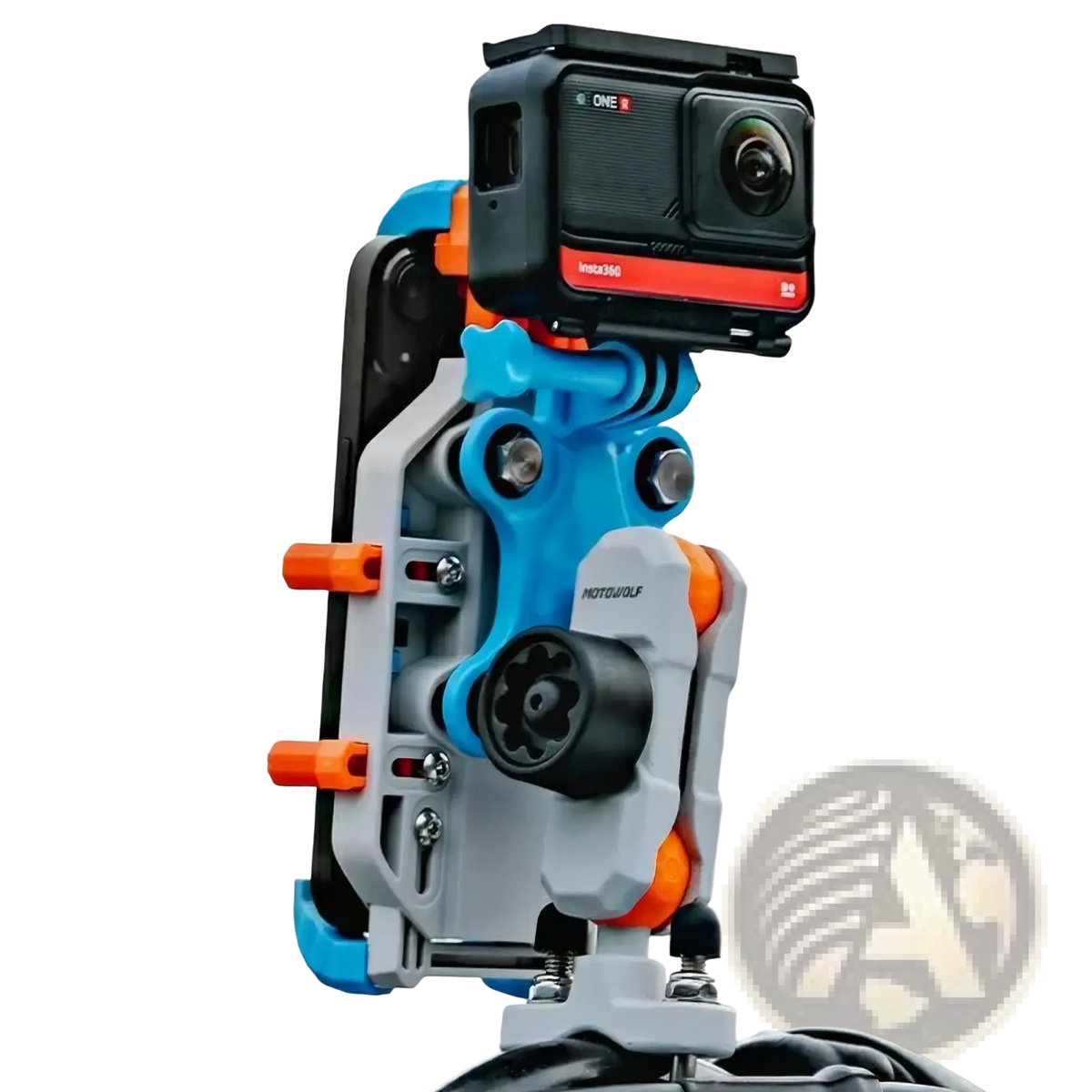 Black and red gopro hero 360 mounted on blue gray and orange motowolf adjustable rig motorcycle wireless charging phone mount