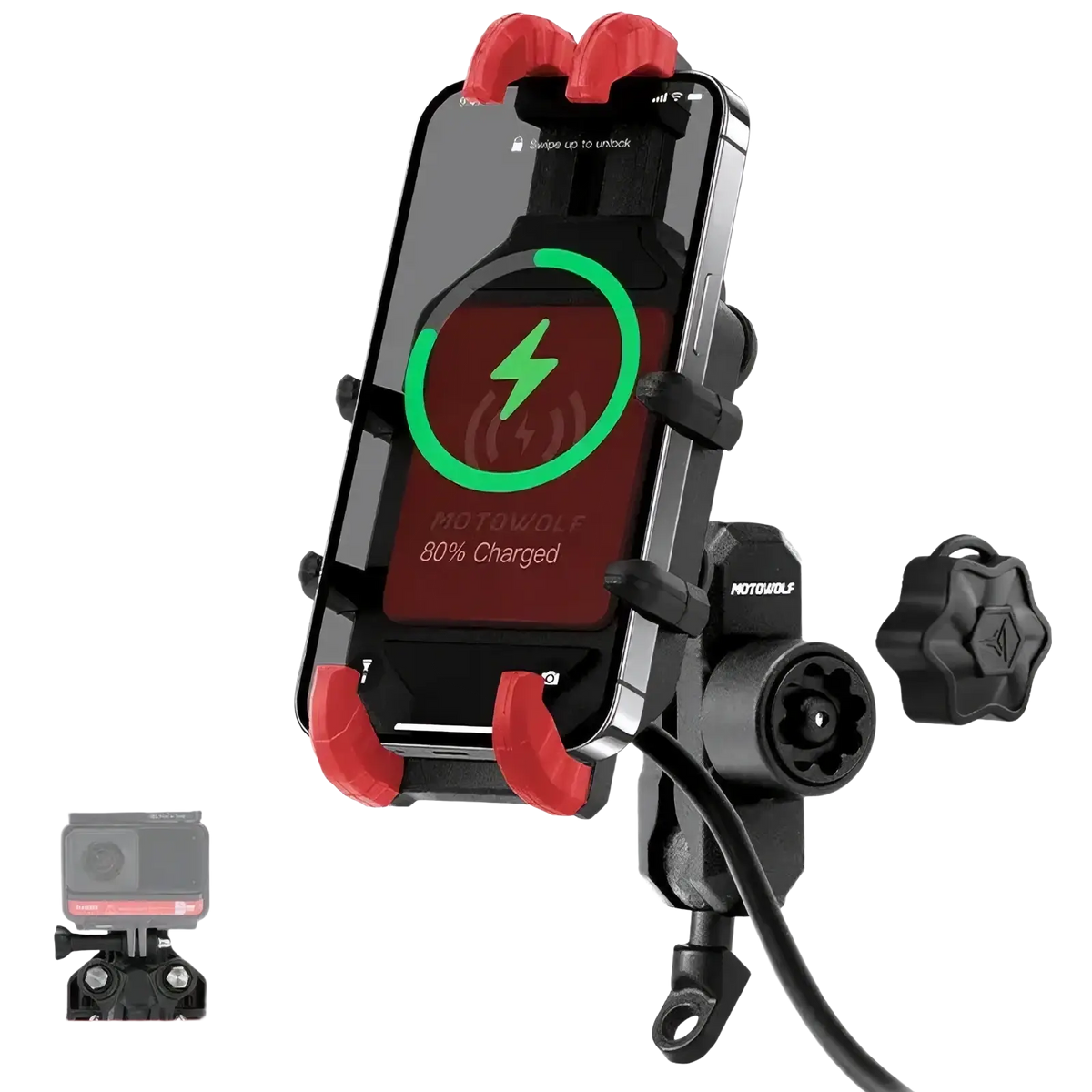 Black and red motowolf motorcycle wireless charging phone mount showing the back side with charging feature