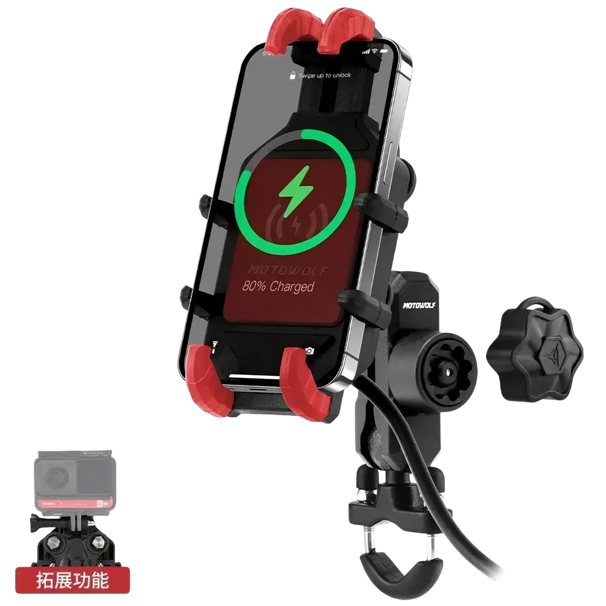 Black and red Motowolf motorcycle wireless charging phone mount designed for secure and convenient riding use