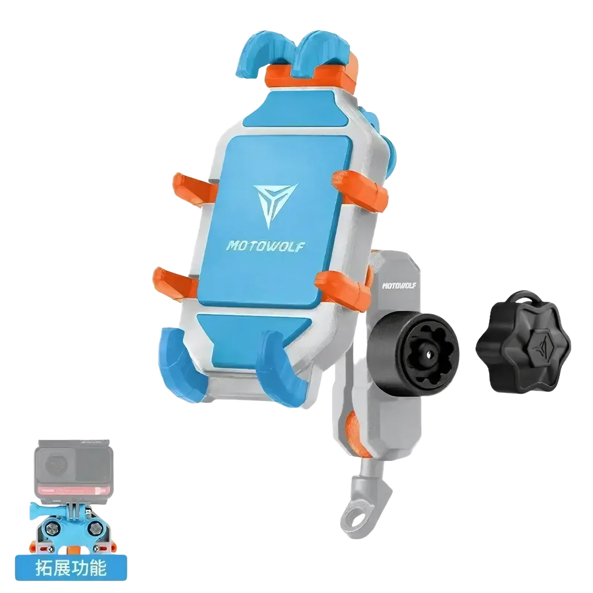 Blue and gray Motowolf motorcycle wireless charging phone mount with orange accents showing the back side of the product