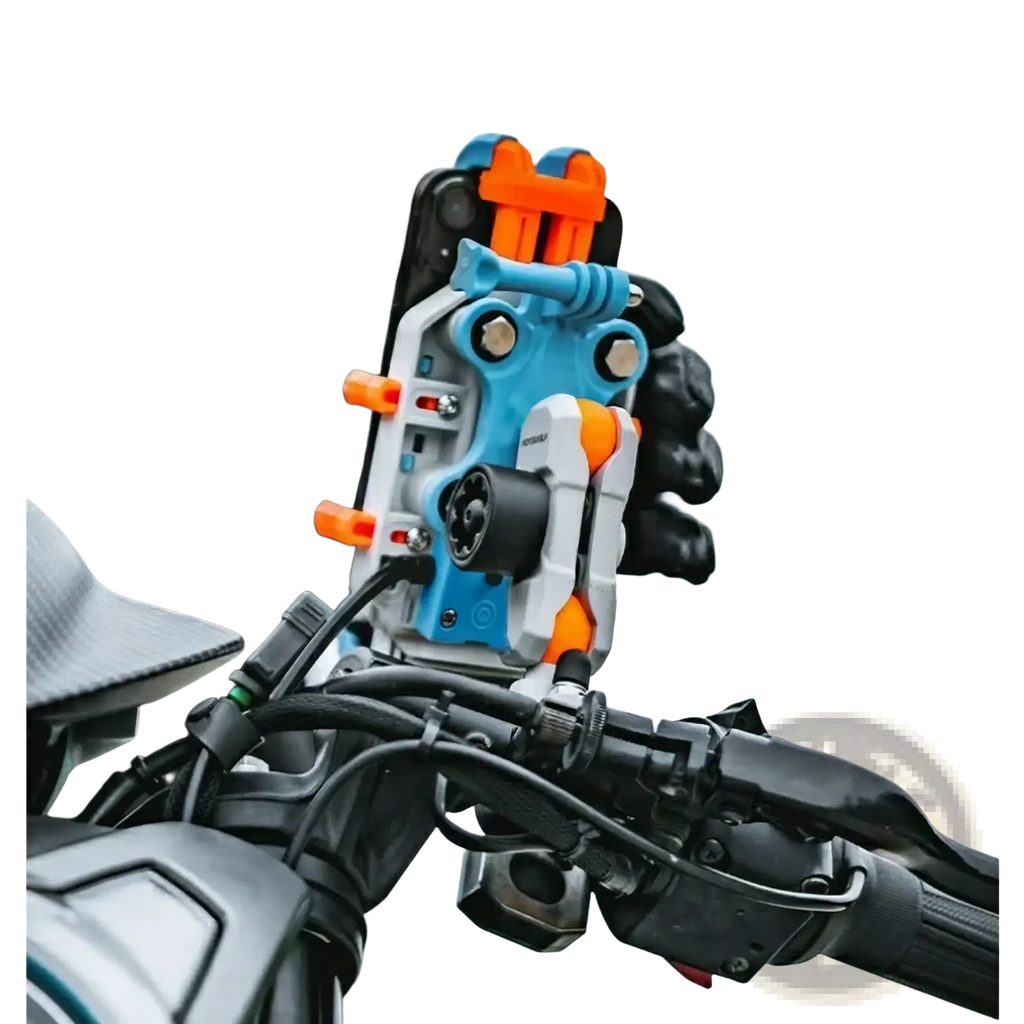 Blue and orange rugged mechanical motorcycle wireless charging phone mount for secure hands-free use on bikes