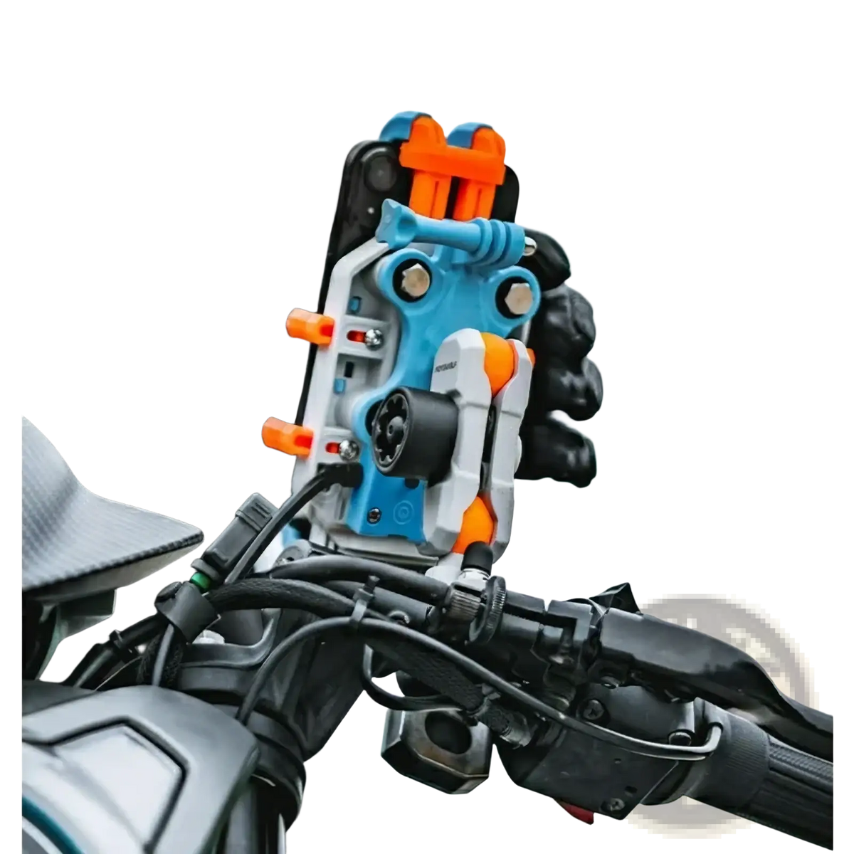 Blue and orange rugged mechanical motorcycle wireless charging phone mount for secure hands-free use on bikes