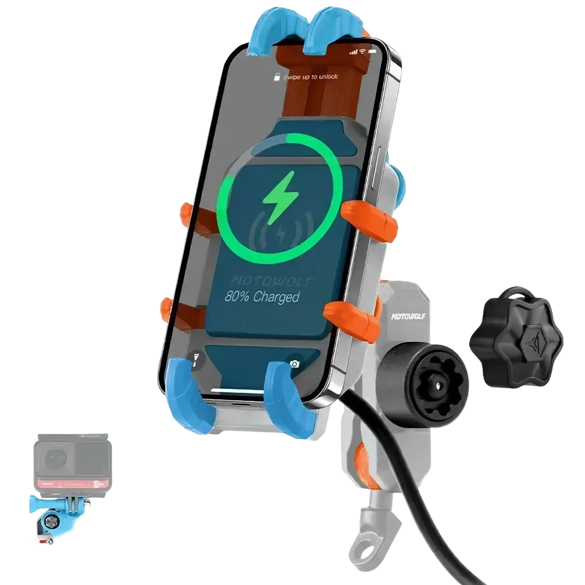 Blue and orange motorcycle wireless charging phone mount showing front view with durable materials for secure use