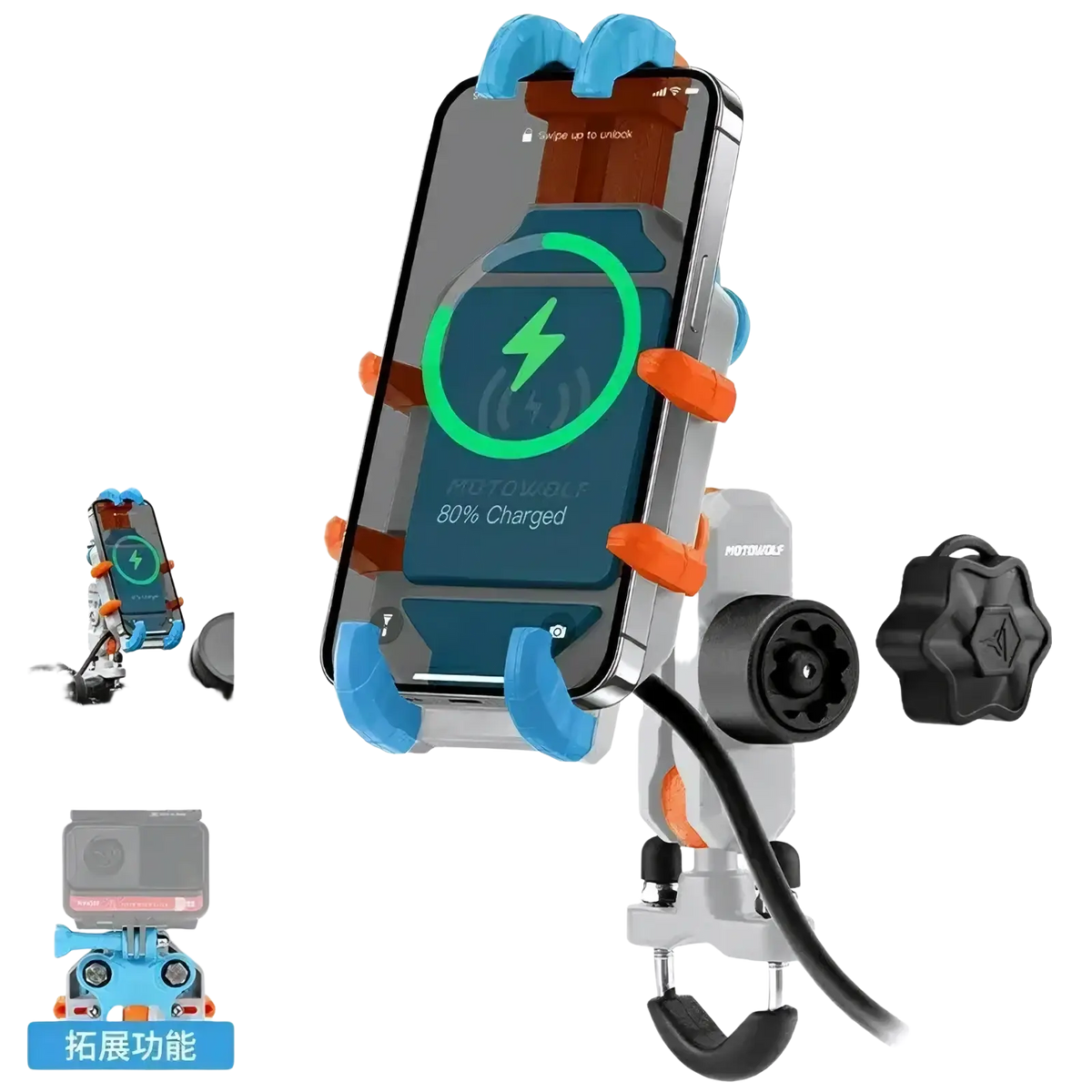 Blue and orange motowolf motorcycle wireless charging phone mount with built-in charger for secure bike use