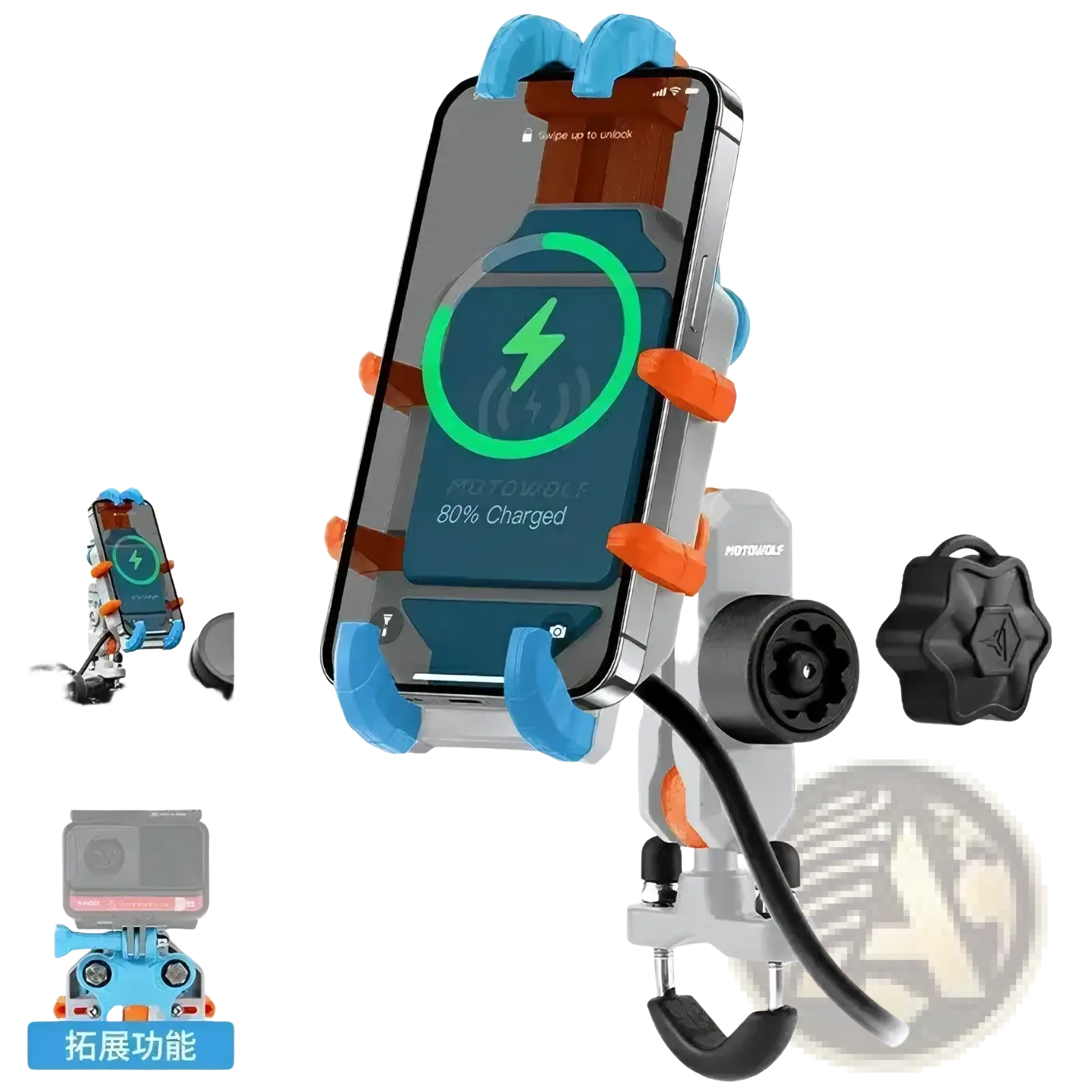 Blue and orange motowolf motorcycle wireless charging phone mount with built-in charger for secure bike use