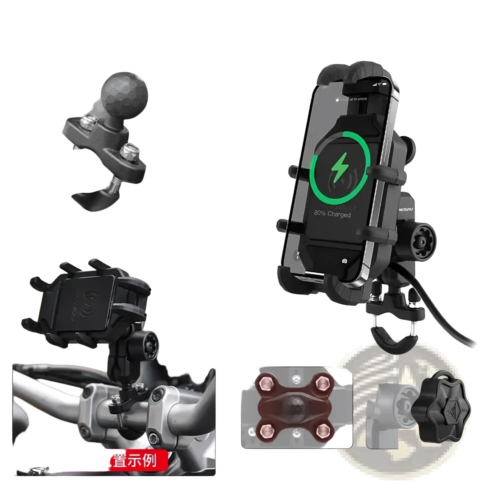 Black motowolf motorcycle wireless charging phone mount with adjustable clamp and charging pad for secure use