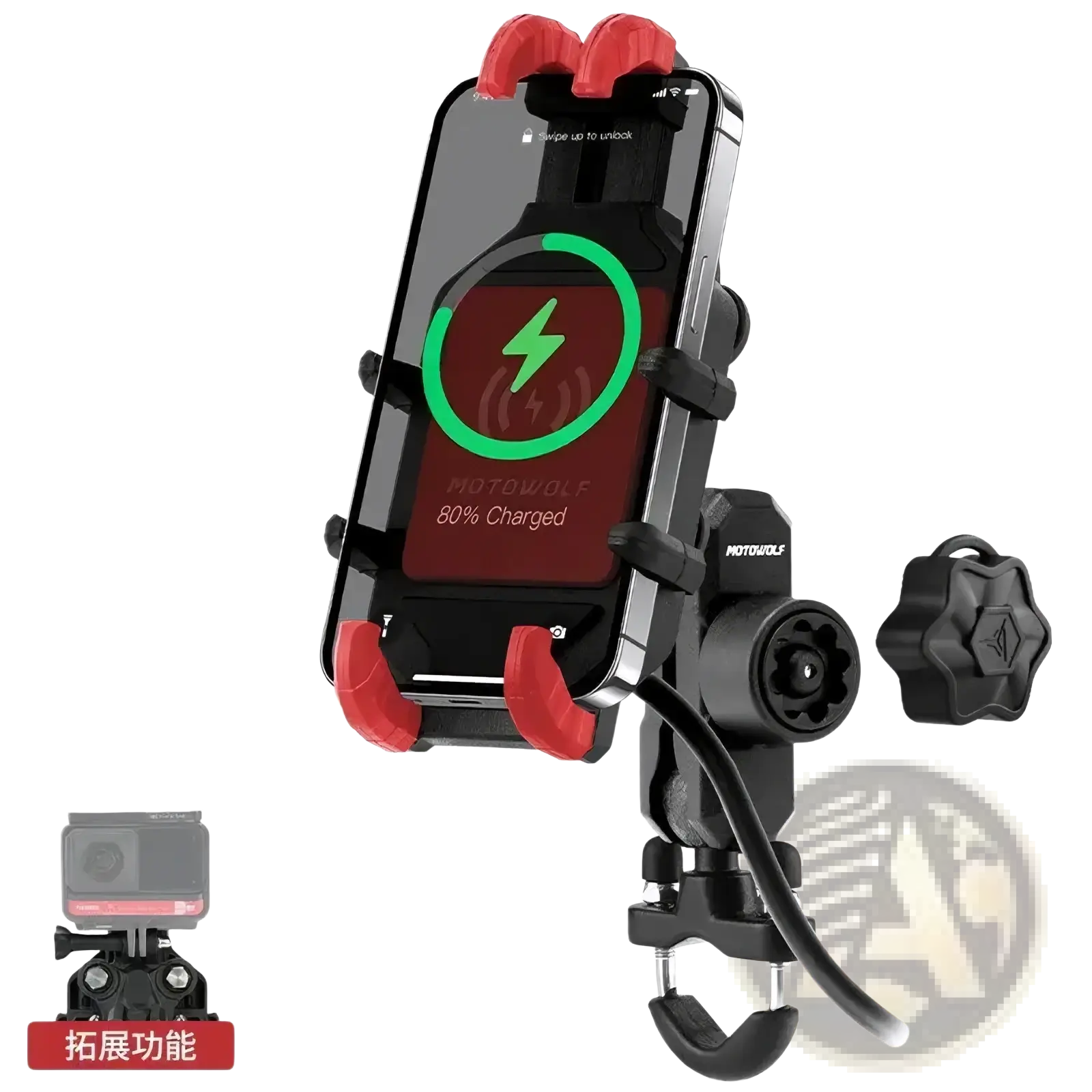 Black and red Motowolf motorcycle wireless charging phone mount designed for secure and convenient riding use