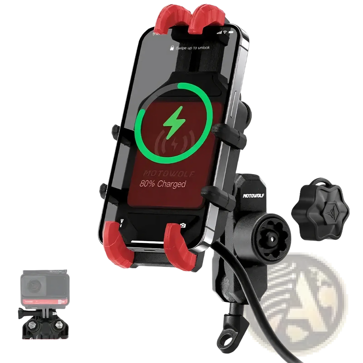 Black and red motowolf motorcycle wireless charging phone mount showing the back side with charging feature