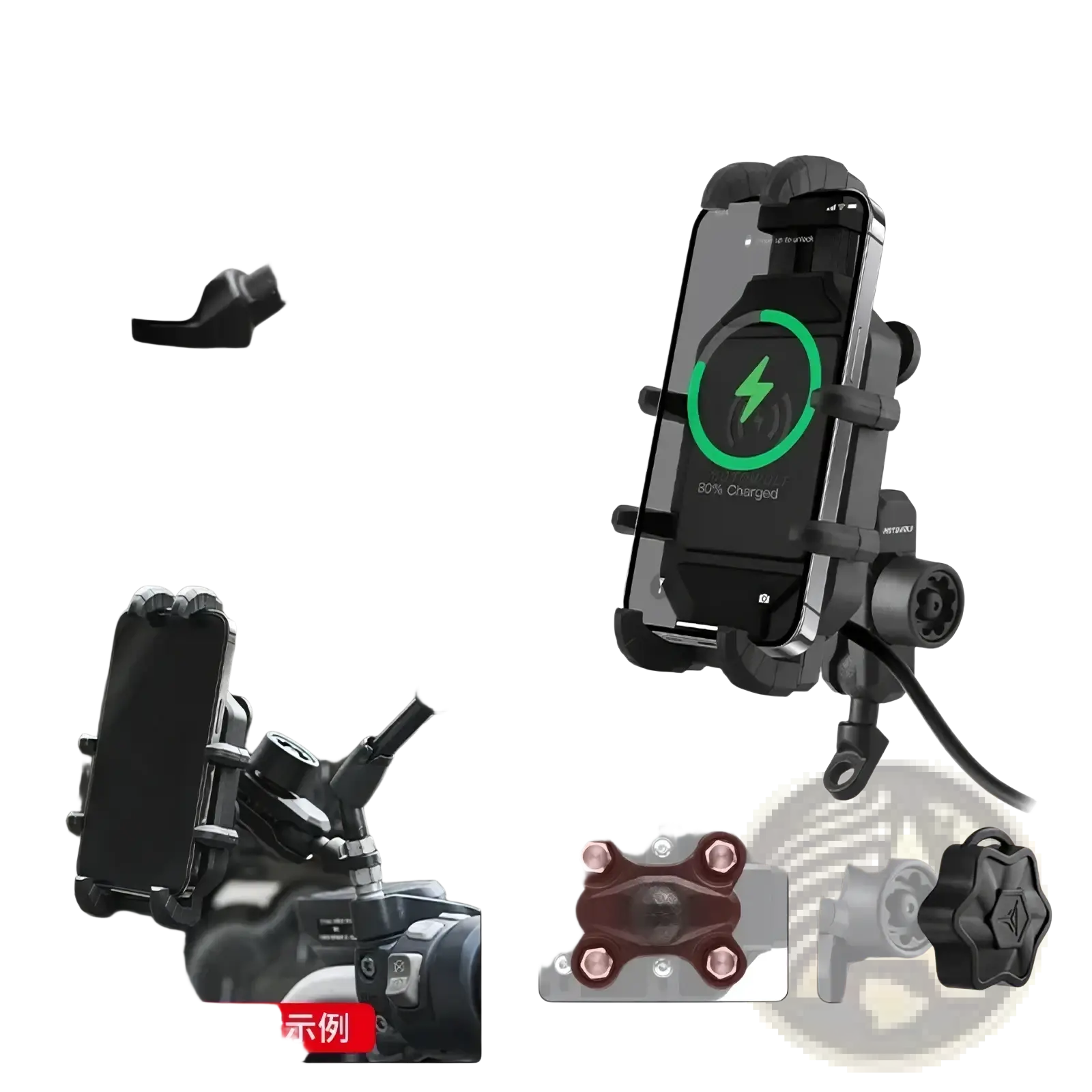 Black motowolf motorcycle wireless charging phone mount with magnetic clamp designed for secure bike use