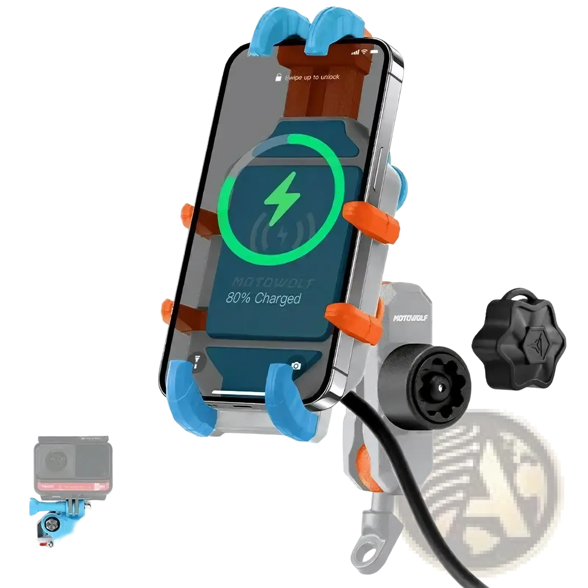 Blue and orange motorcycle wireless charging phone mount showing front view with durable materials for secure use