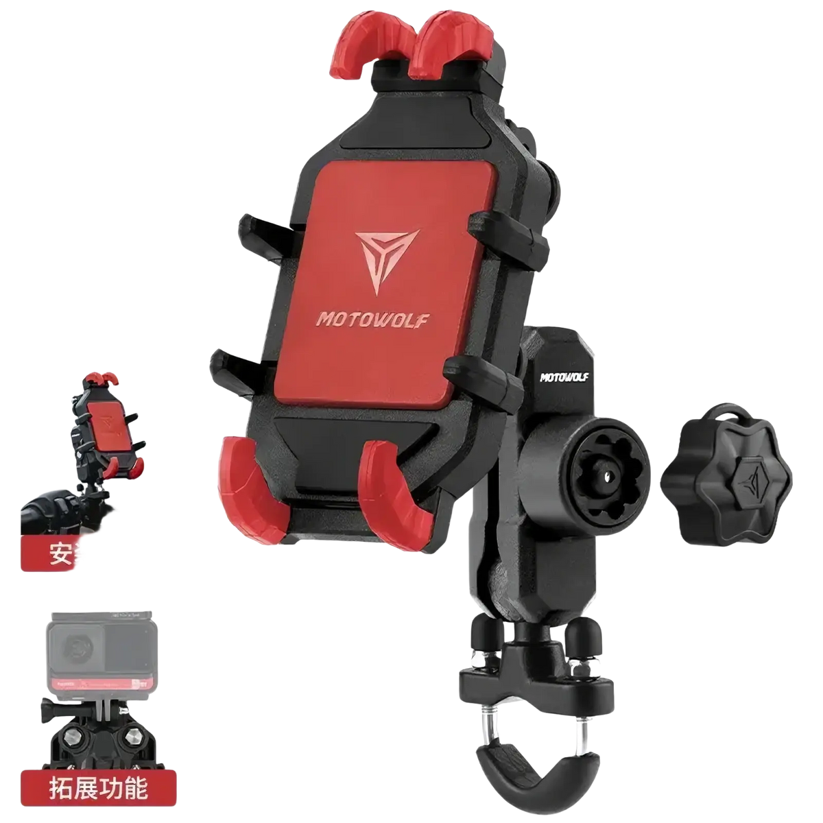 Red and black motowolf motorcycle wireless charging phone mount with adjustable clamps and secure clip for stability
