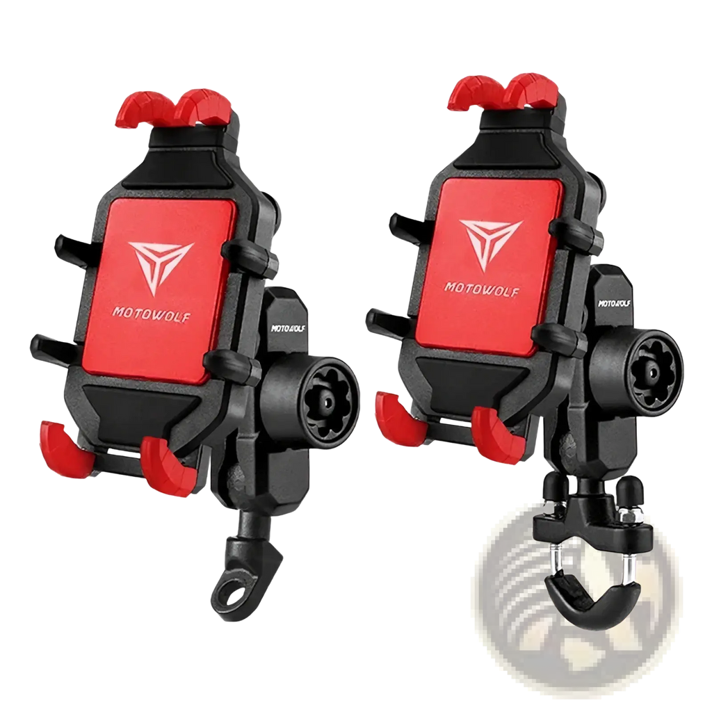 Red and black Motowolf motorcycle wireless charging phone mount with adjustable clamps and secure hook attachment