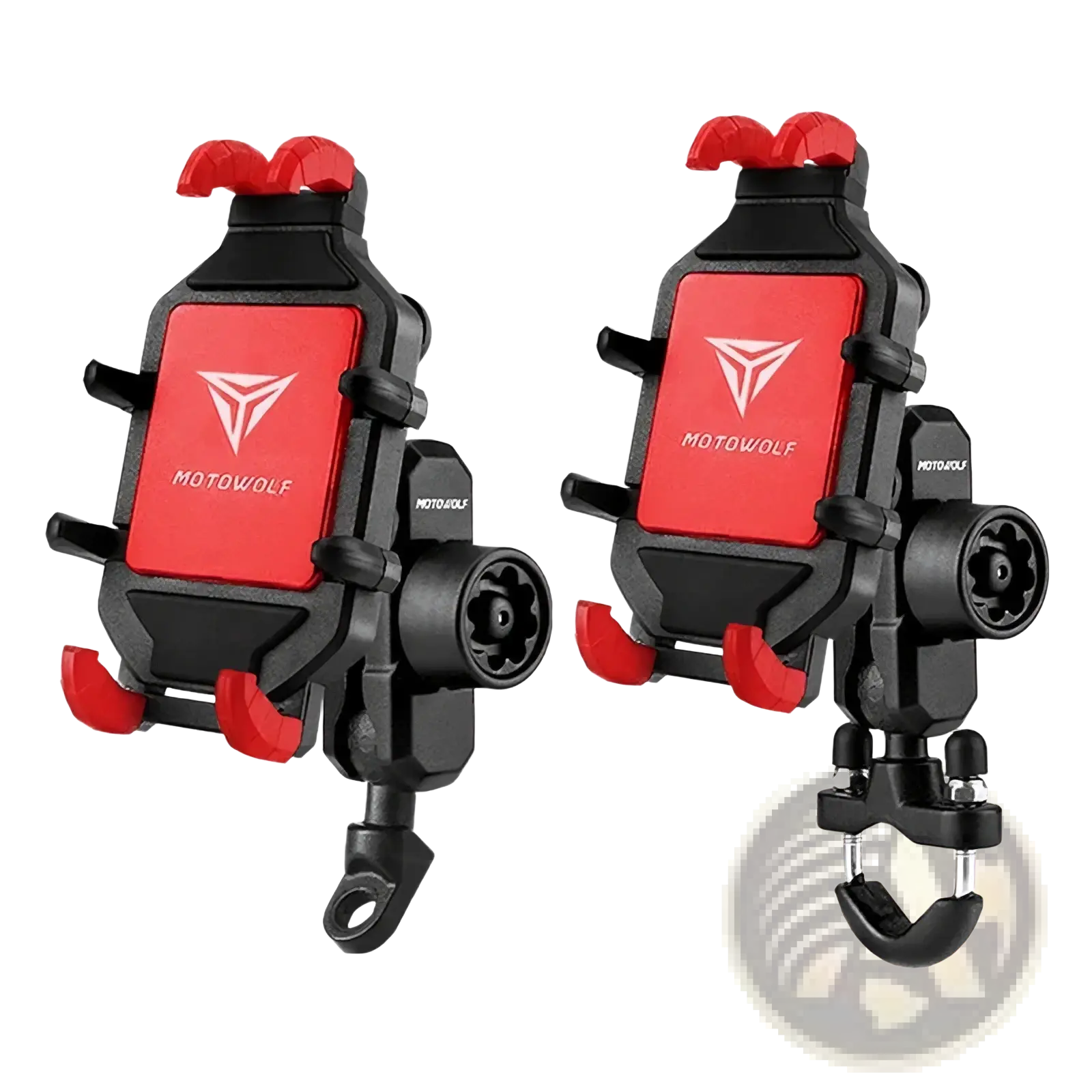 Red and black Motowolf motorcycle wireless charging phone mount with adjustable clamps and secure hook attachment