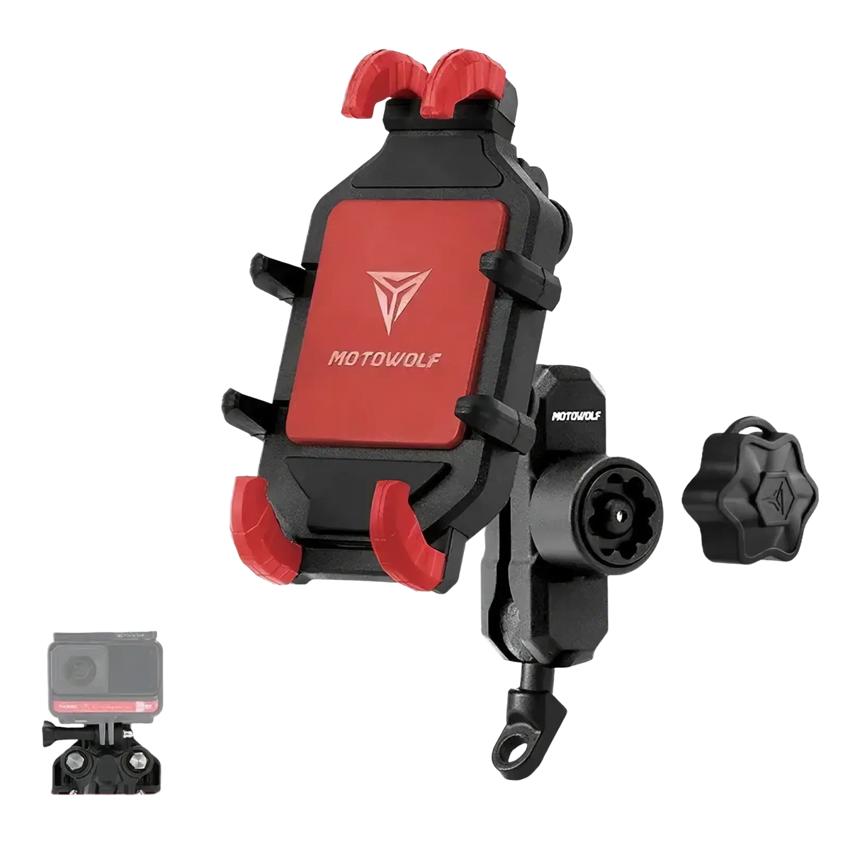 Red and black Motowolf motorcycle wireless charging phone mount with adjustable clamps and star-shaped security cap