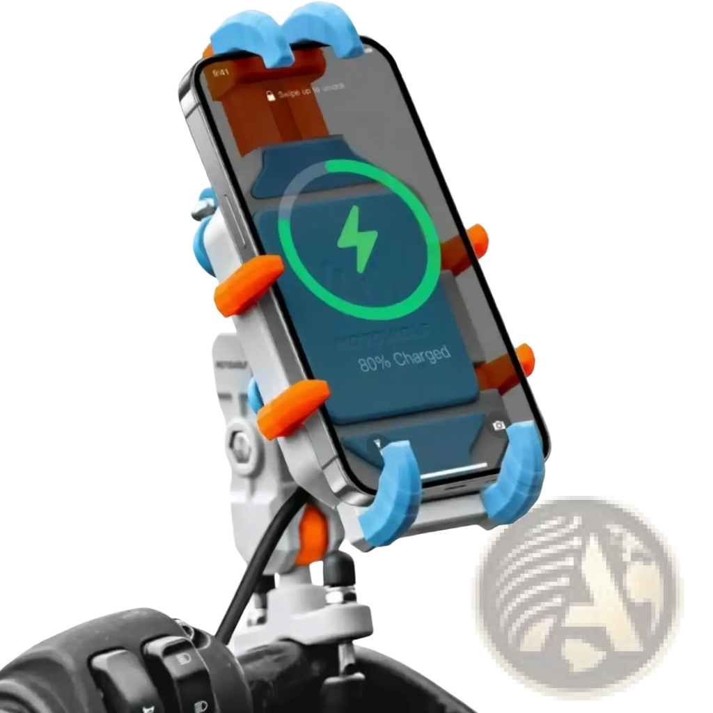 A sleek multi-colored motorcycle wireless charging phone mount with blue and orange silicone grips holding a smartphone