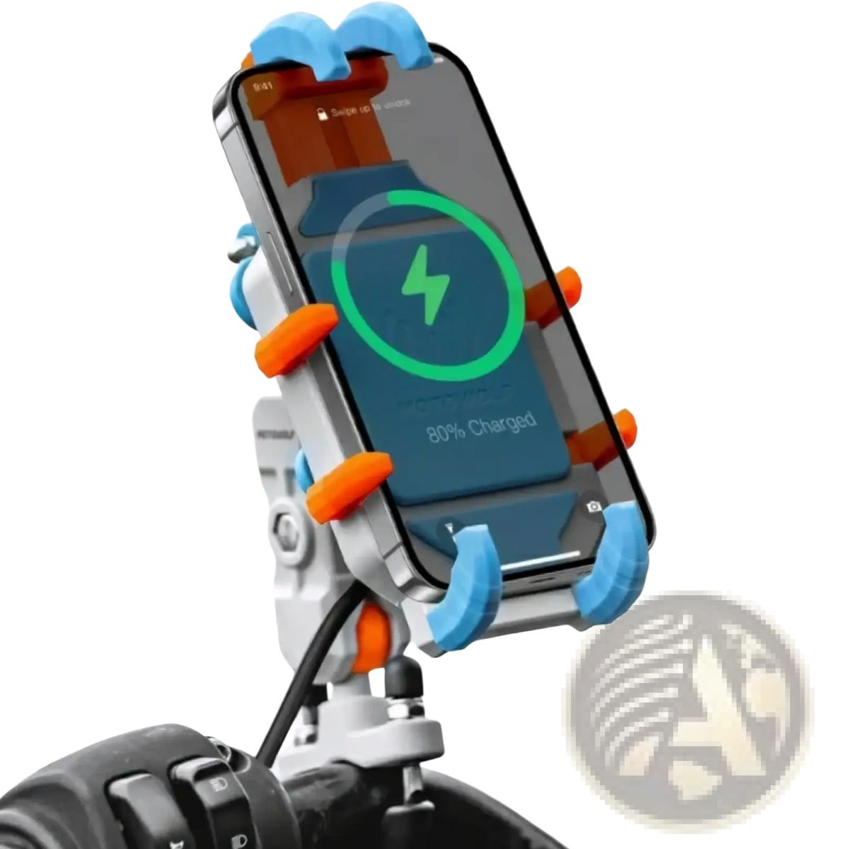 A sleek multi-colored motorcycle wireless charging phone mount with blue and orange silicone grips holding a smartphone