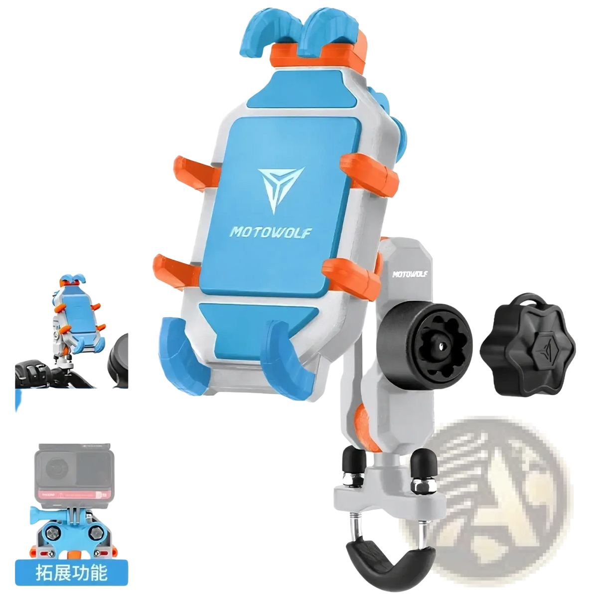 Blue and gray motowolf motorcycle wireless charging phone mount with orange accents for secure device use