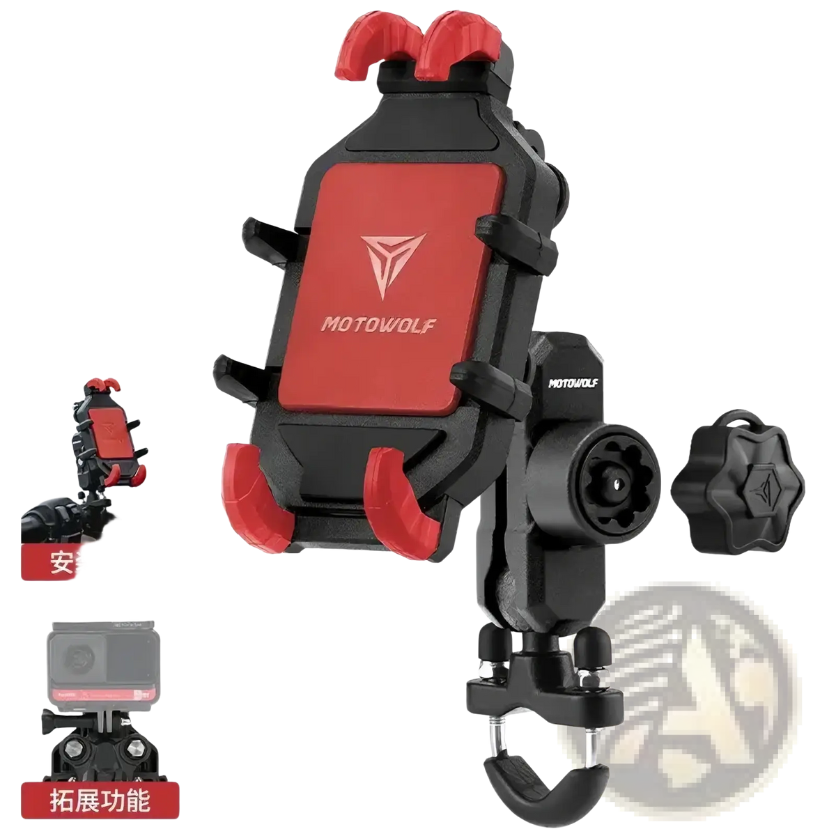 Red and black motowolf motorcycle wireless charging phone mount with adjustable clamps and secure clip for stability