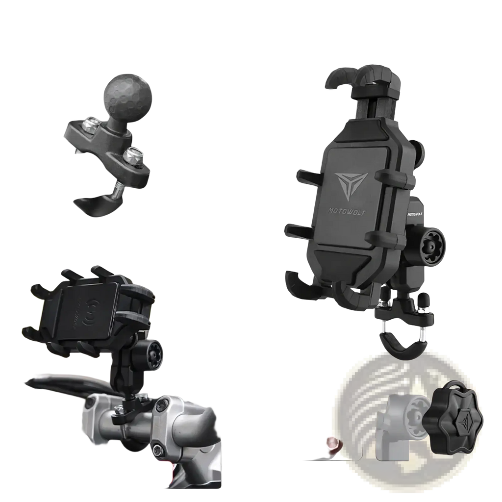 Black motowolf motorcycle wireless charging phone mount with adjustable arms and hook for secure handlebar attachment