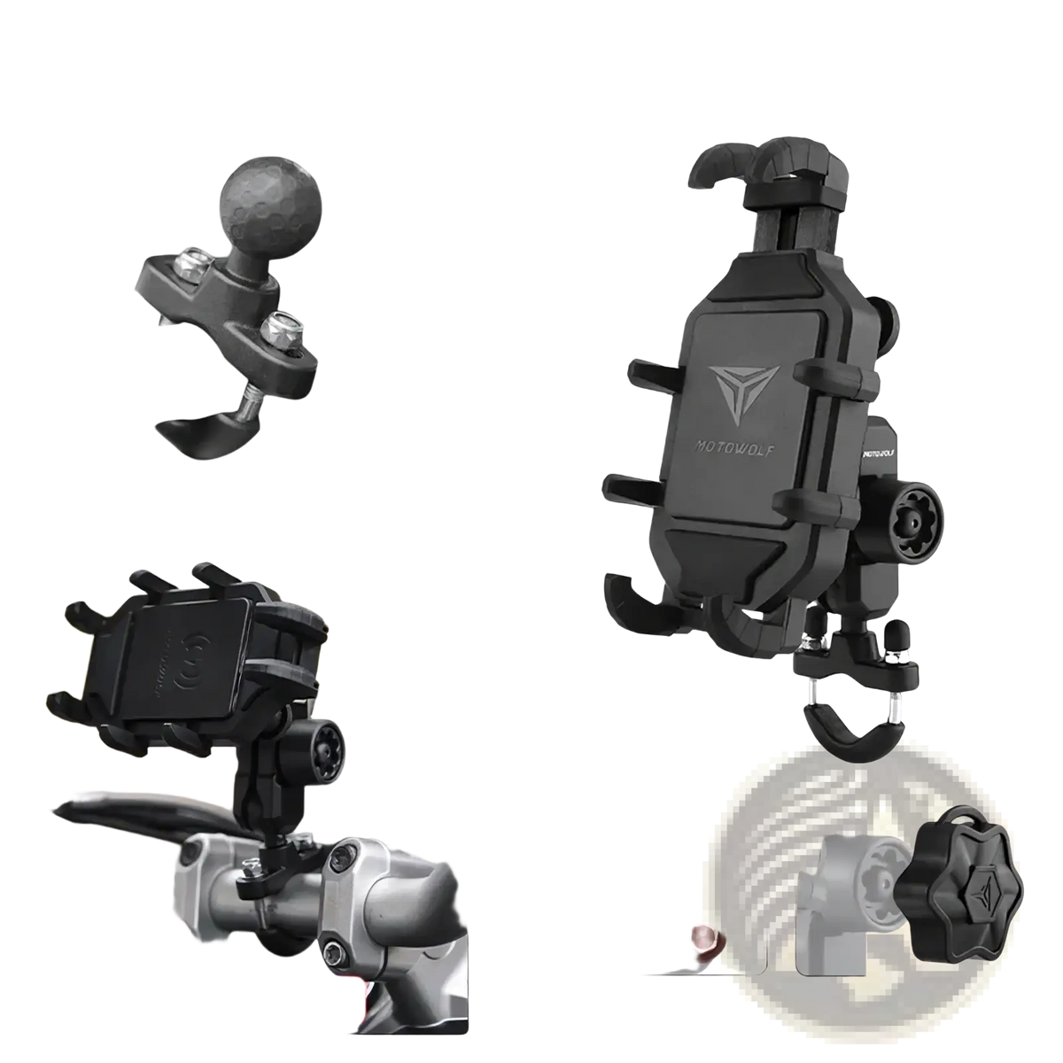 Black motowolf motorcycle wireless charging phone mount with adjustable arms and hook for secure handlebar attachment