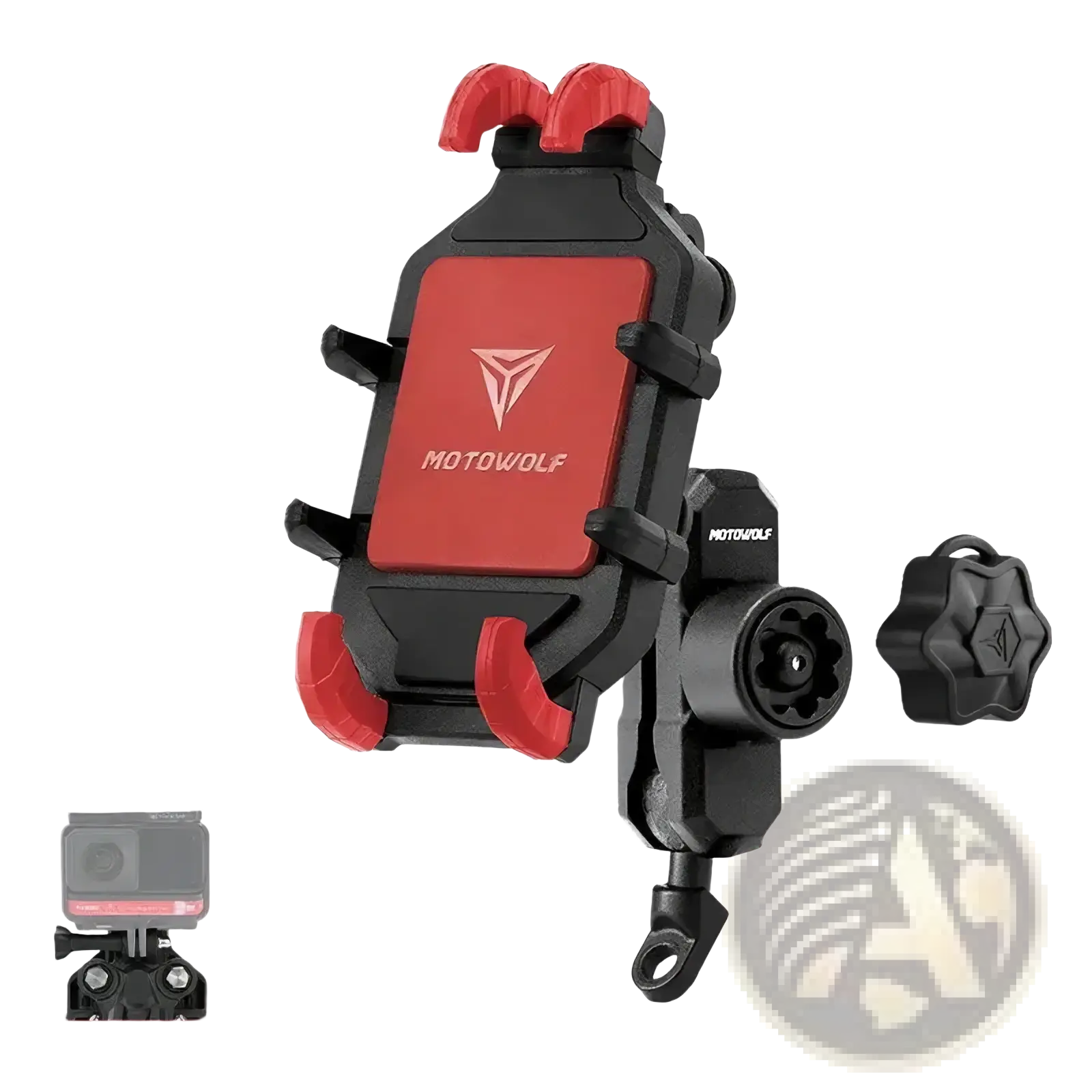 Red and black Motowolf motorcycle wireless charging phone mount with adjustable clamps and star-shaped security cap