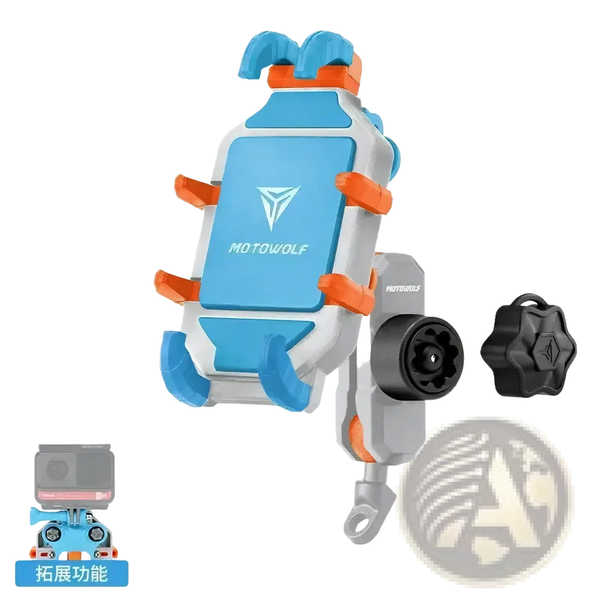 Blue and gray Motowolf motorcycle wireless charging phone mount with orange accents showing the back side of the product