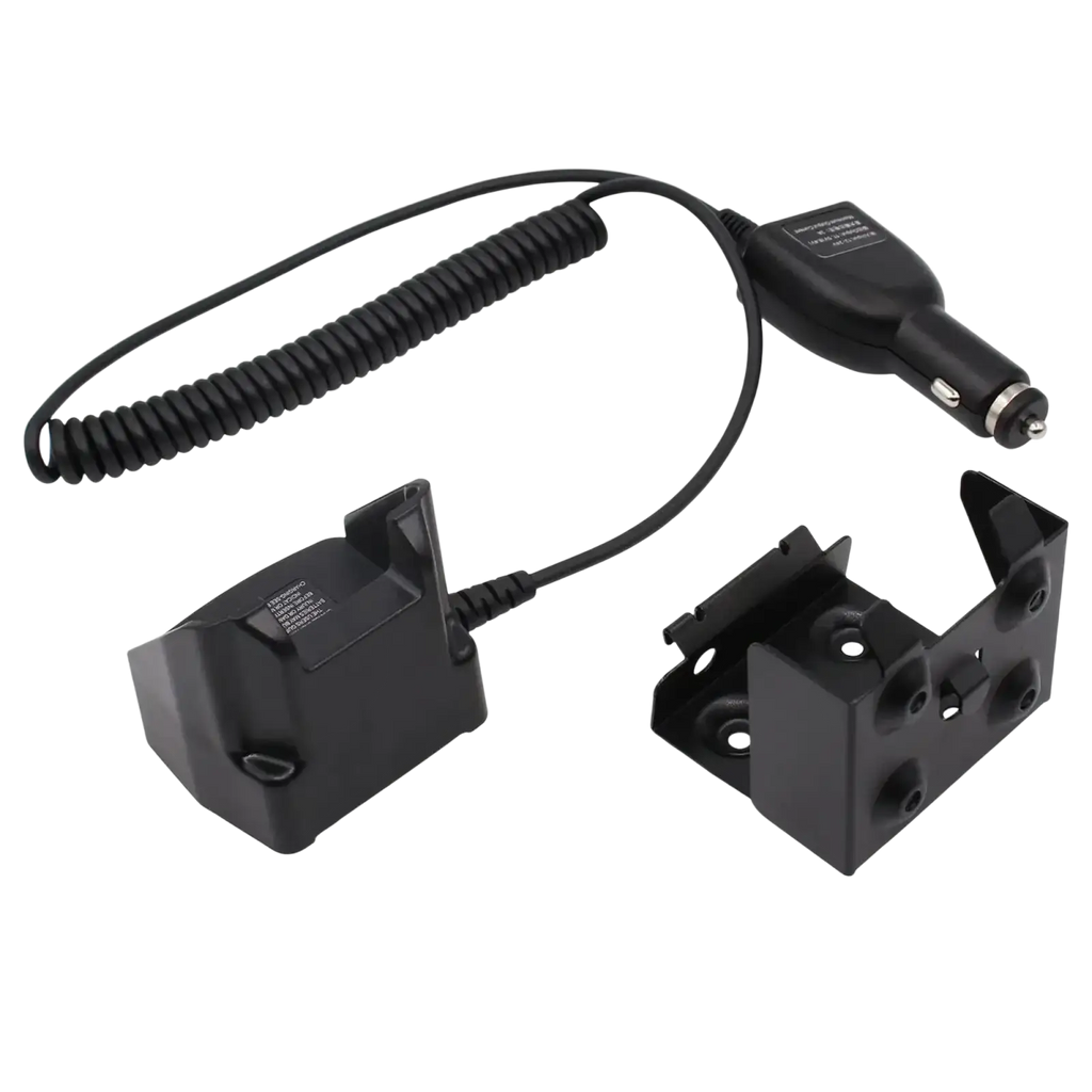 Black coiled cable motorola mototrbo vehicular charger with car adapter and two mounting brackets for dp and xpr radios