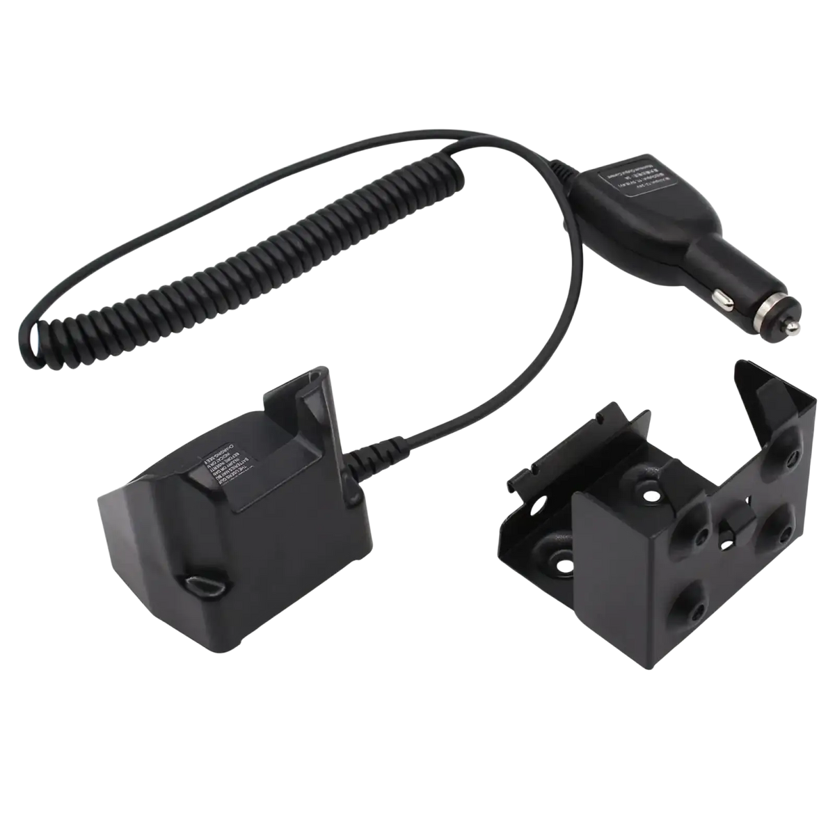 Black coiled cable motorola mototrbo vehicular charger with car adapter and two mounting brackets for dp and xpr radios