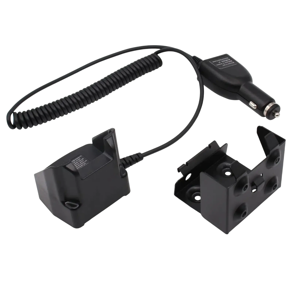 Black coiled motorola mototrbo vehicular charger with rectangular cradle and mounting bracket for una batería está